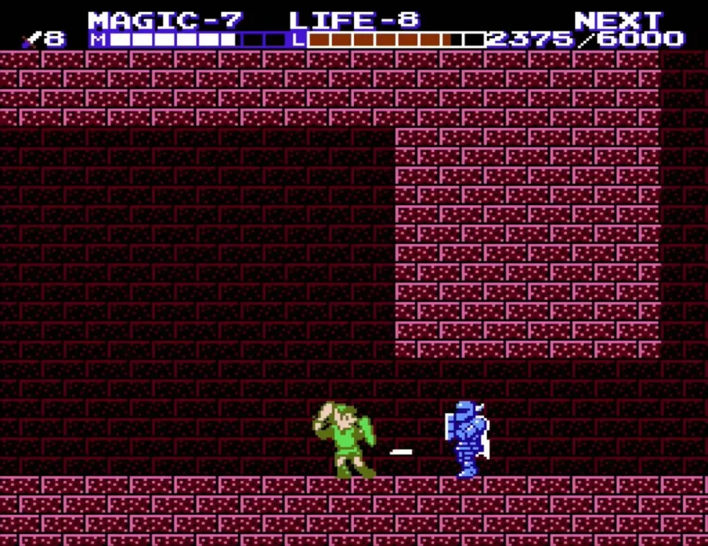 Link fighting a blue Iron Knuckle in a brick room of Three-Eye Rock Palace