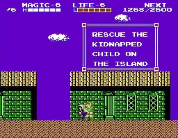 Link beside a townsperson in Darunia, with a finished text box asking Link to rescue the kidnapped child on the island