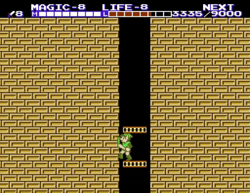 Link on a gold-rail elevator in a tan-brick shaft