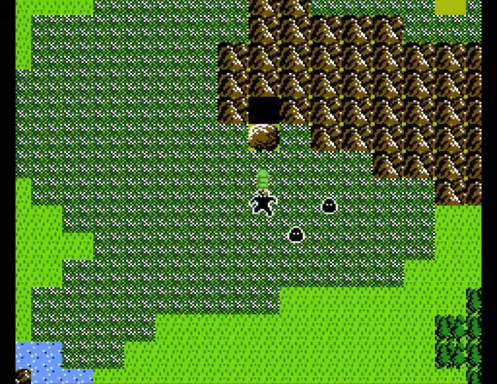 Link standing in the swamp directly below the boulder, with enemies nearby