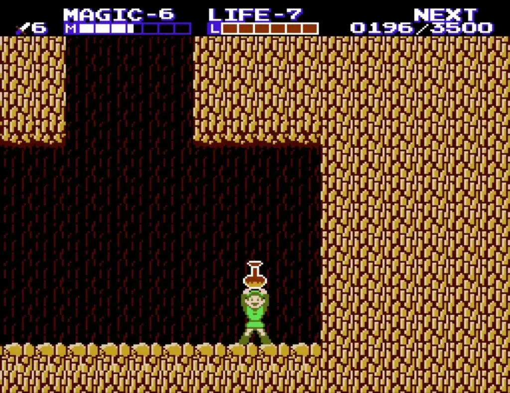 Link holding a flask-shaped item overhead in the brown-orange cave on Maze Island Link holding a flask-shaped item overhead in the brown-orange cave on Maze Island
