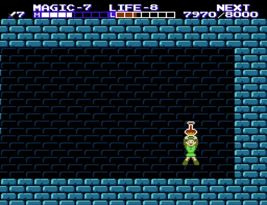 Link holding a flask-shaped item overhead in a dark teal-brick room in Kasuto Link holding a flask-shaped item overhead in a dark teal-brick room in Kasuto