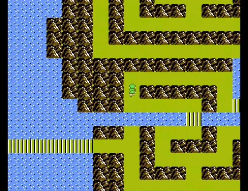 Overhead view of Link on the narrow grass paths of Maze Island's maze Overhead view of Link on the narrow grass paths of Maze Island's maze