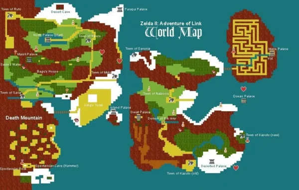 Zelda II world map showing West Hyrule, Death Mountain, East Hyrule and palace locations Zelda II world map showing West Hyrule, Death Mountain, East Hyrule and palace locations