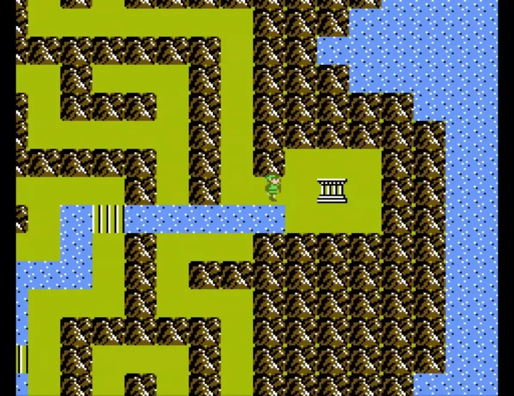 Top-down view of Maze Island with grass, rocks and water channels Top-down view of Maze Island with grass, rocks and water channels
