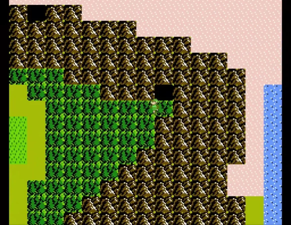 Overhead view of the overworld with rocks, green grass and a sea edge Overhead view of the overworld with rocks, green grass and a sea edge