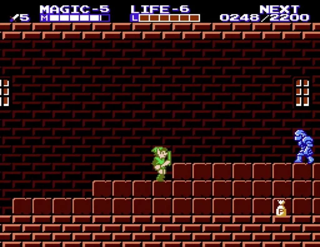A P-bag on the brick floor below a step, with a blue armored knight to the right in Island Palace