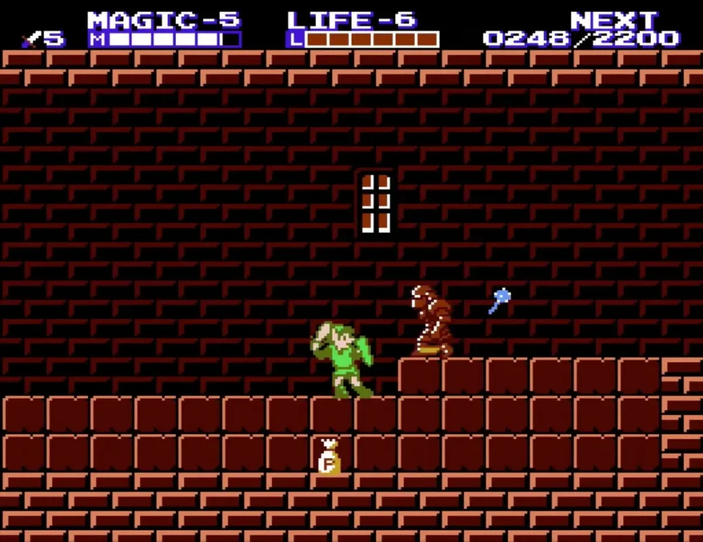 Link on a brick ledge above a P-bag, with a brown knight standing on the higher ledge in Island Palace