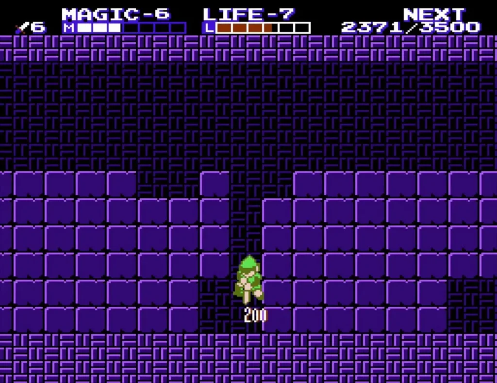 Link in a narrow purple gap of Maze Island Palace as a 200-point bag is collected