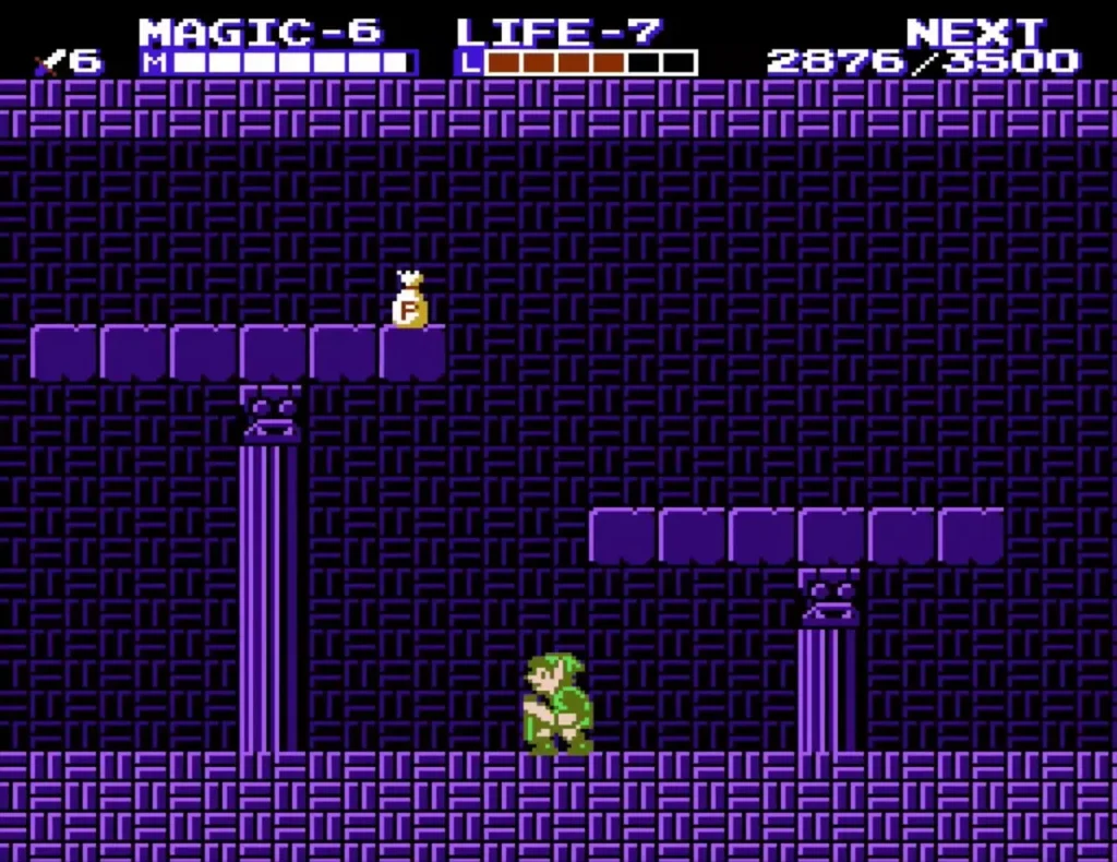 A P-bag on a purple ledge above Link in Maze Island Palace