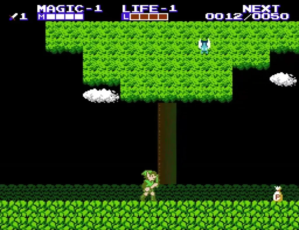 A small P-bag lying on the forest path ahead of Link