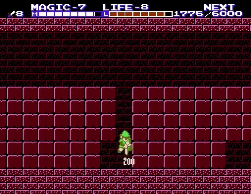 Link in a red-brick shaft collecting a 200-point bag in Three-Eye Rock Palace
