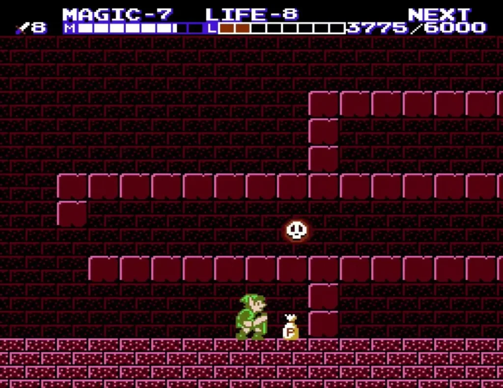 A white P-bag at the foot of the block platforms in Three-Eye Rock Palace