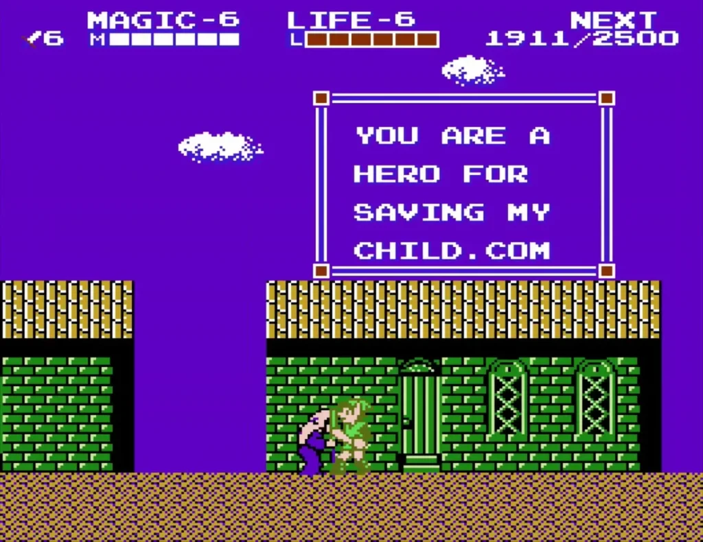 Purple-robed woman thanks Link for saving her child outside a green house in Darunia Purple-robed woman thanks Link for saving her child outside a green house in Darunia