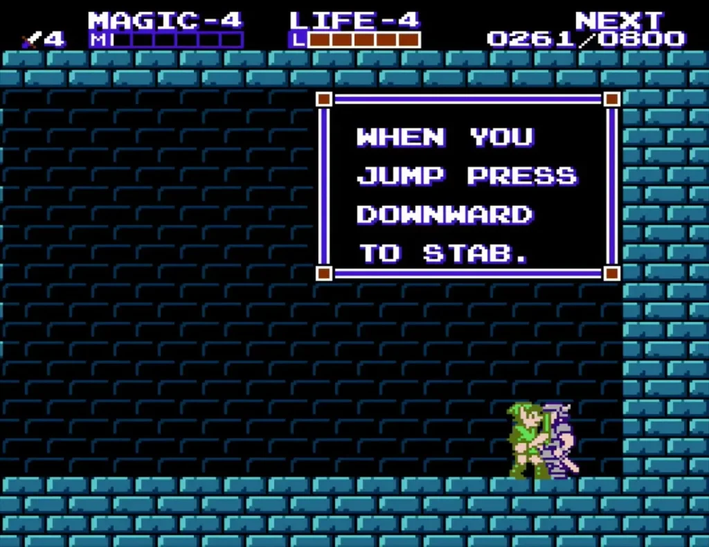 Swordsman in a teal-brick room with the tutorial box for the downward stab Swordsman in a teal-brick room with the tutorial box for the downward stab