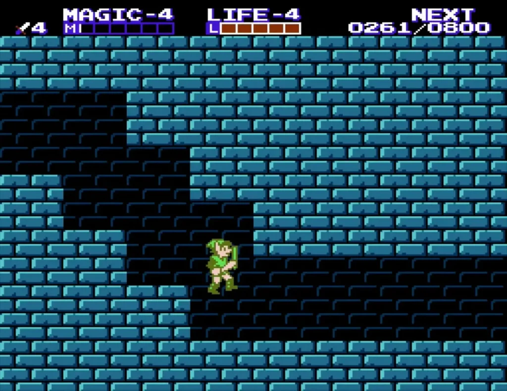 Link in the teal-brick basement room under Mido church, where the swordsman teaches the downward stab Link in the teal-brick basement room under Mido church, where the swordsman teaches the downward stab