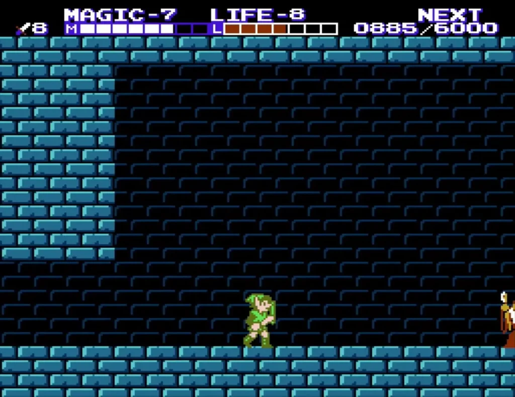 Link walking toward the old man at the edge of a teal-brick room Link walking toward the old man at the edge of a teal-brick room