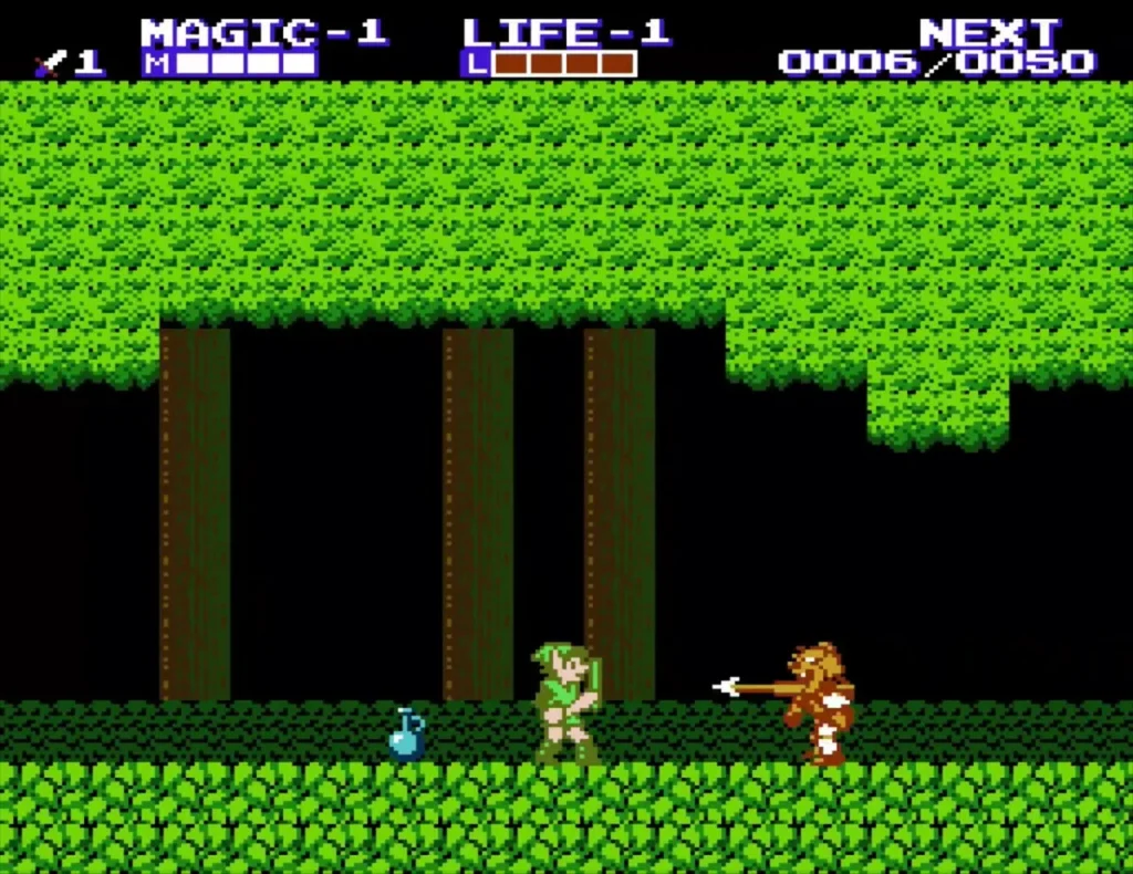 Link on a forest path with an enemy approaching from the right Link on a forest path with an enemy approaching from the right
