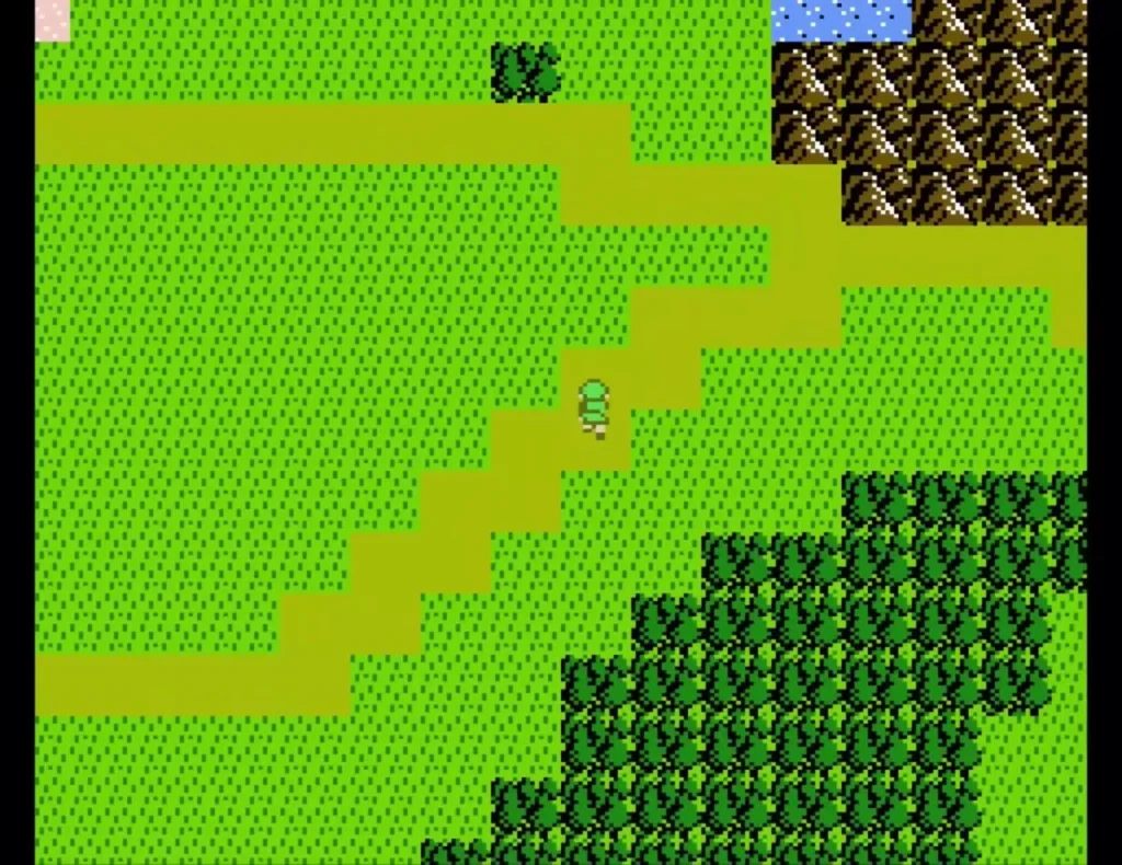 Overhead view of Link on a green plain beside a yellow path on the overworld