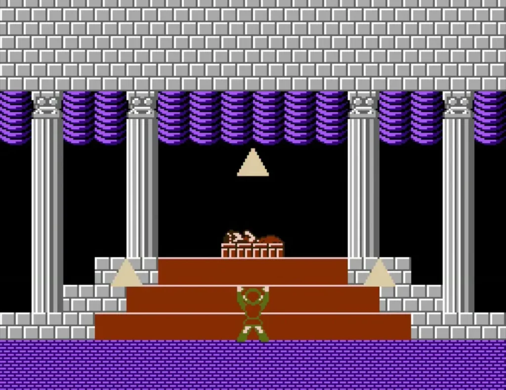 Link standing in the final chamber as the gold triangles circle the altar Link standing in the final chamber as the gold triangles circle the altar
