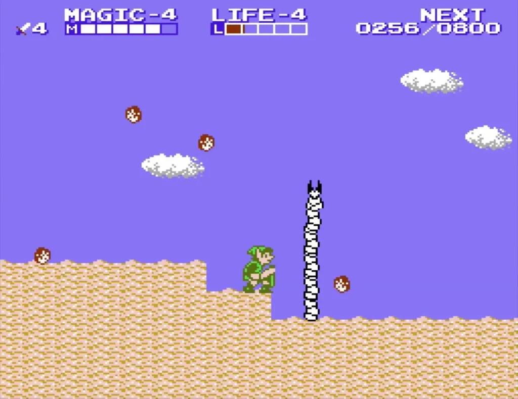 Link walking the sand desert past a striped tower under a purple sky