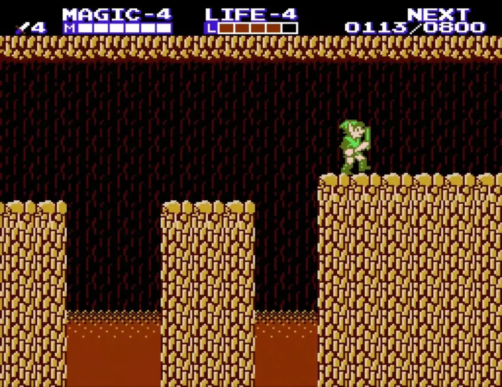 Link on the far ledge of the lava room, pressing on east