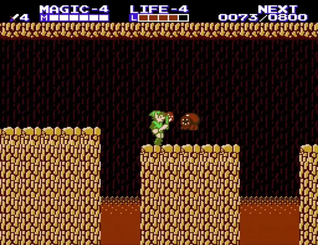 Link facing a red Daira on a rock ledge in the lava room