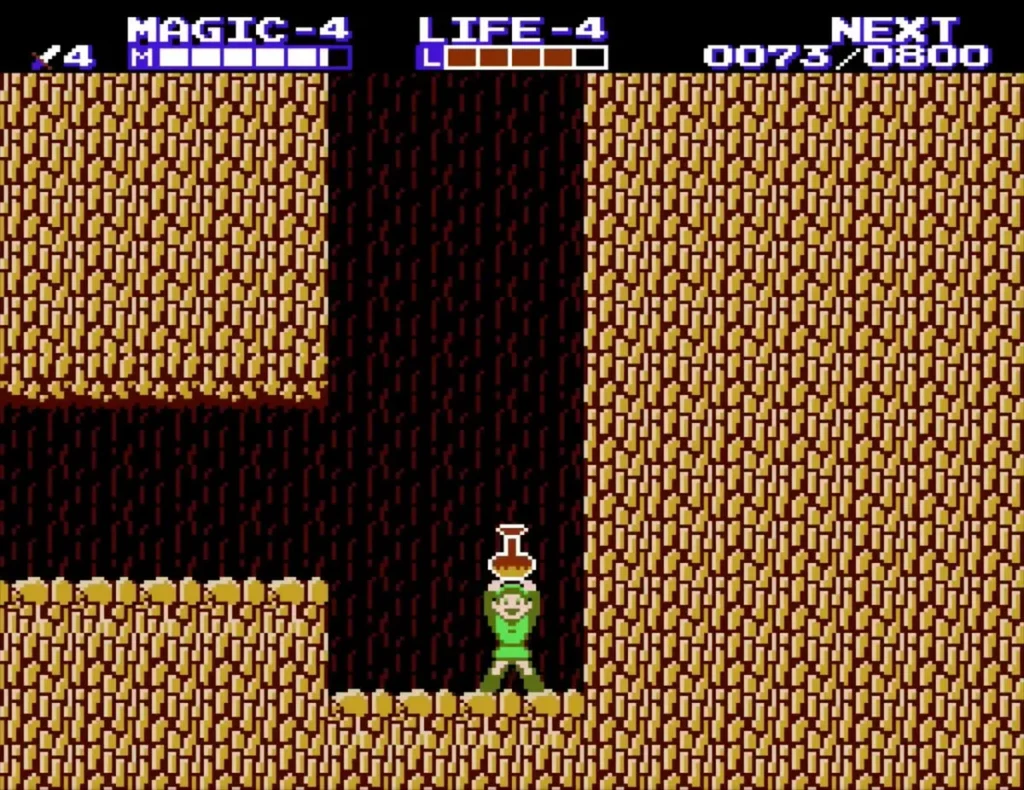 Link holding a flask overhead in the narrow shaft