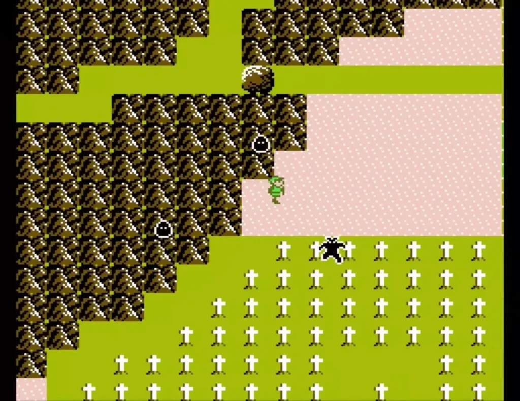 Overhead view of Link beside the white-cross graveyard with pink desert to the north
