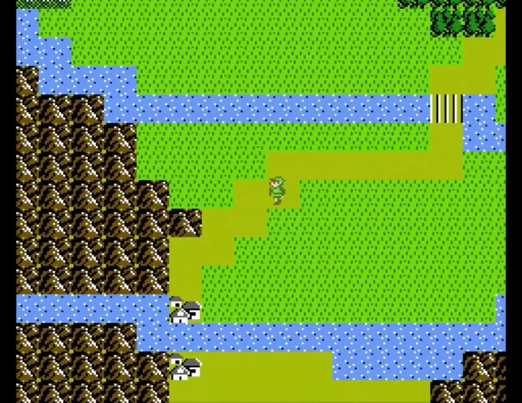 Overhead view of Link on the rocky ground and river approach to Death Mountain