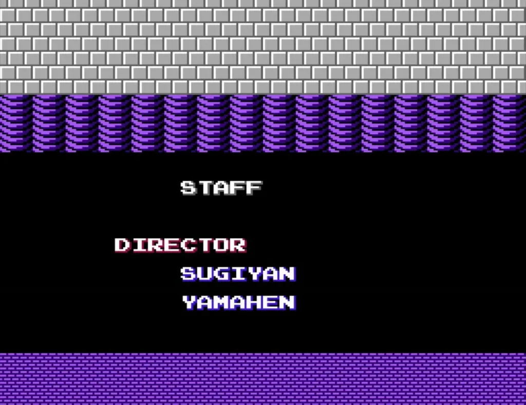 Credits list of staff over the purple floor of the final chamber