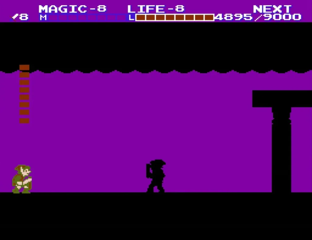 Dark Link stepping into the purple room as Link waits at the left