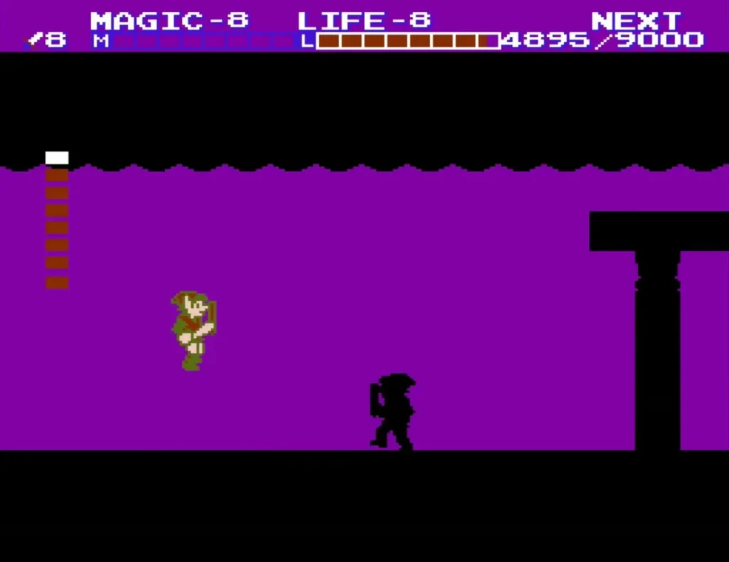 Link leaping toward Dark Link in the purple room