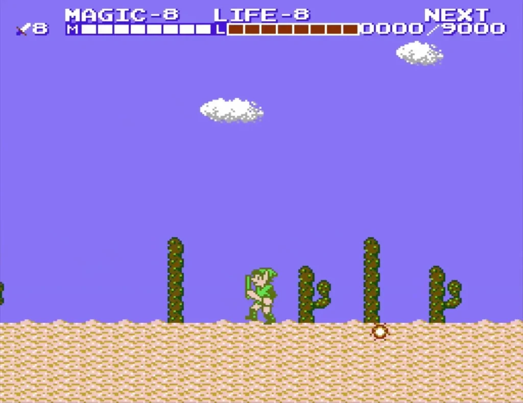 Link among cacti on the sand desert under a purple sky