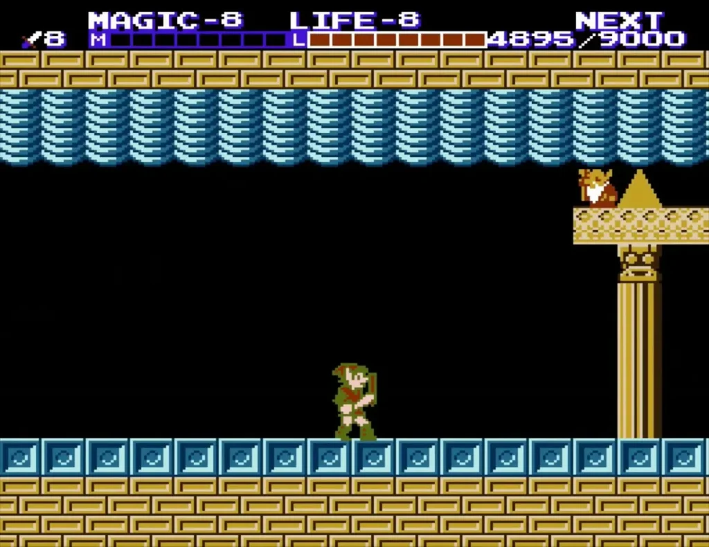 Link on the ice-block floor beside a gold pedestal