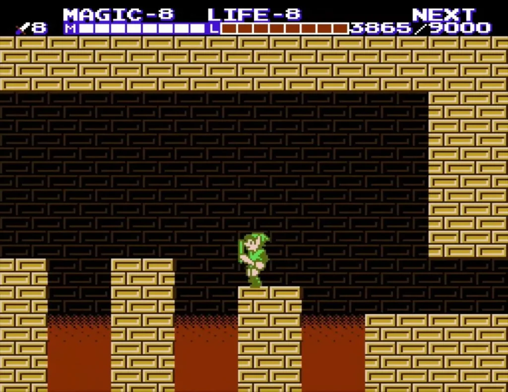 Link standing on a block between lava pits in the Great Palace