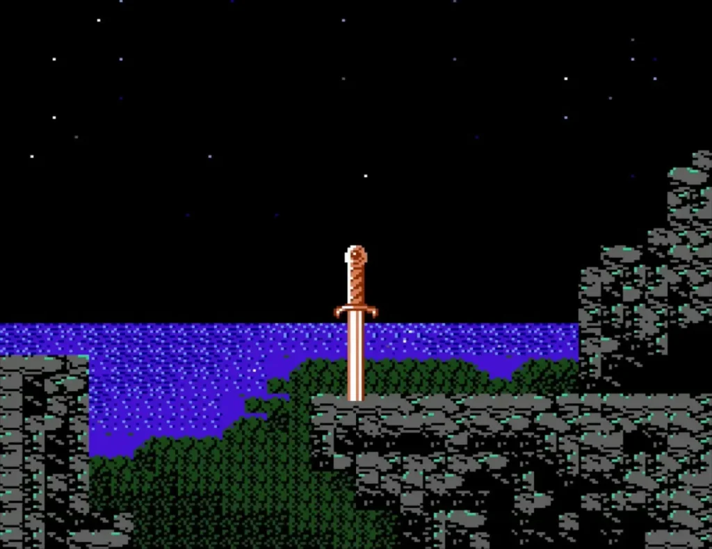 The Master Sword standing in a stone beside a lake under a starry sky