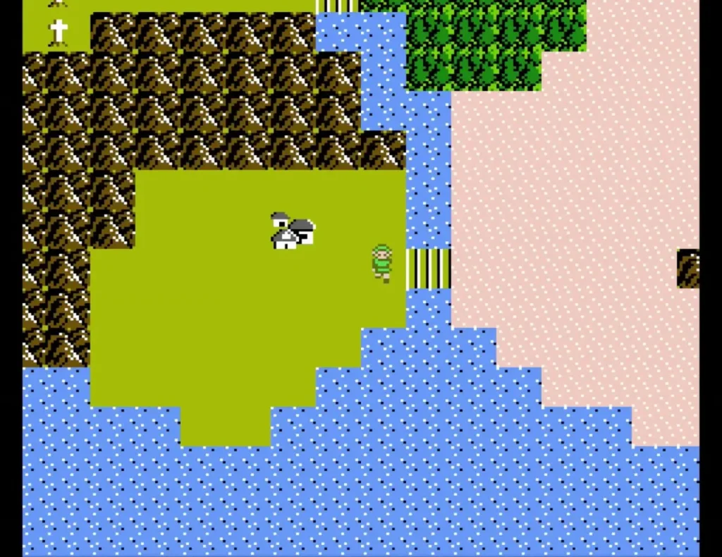 Link on the overworld between grassland, mountains and the pink desert