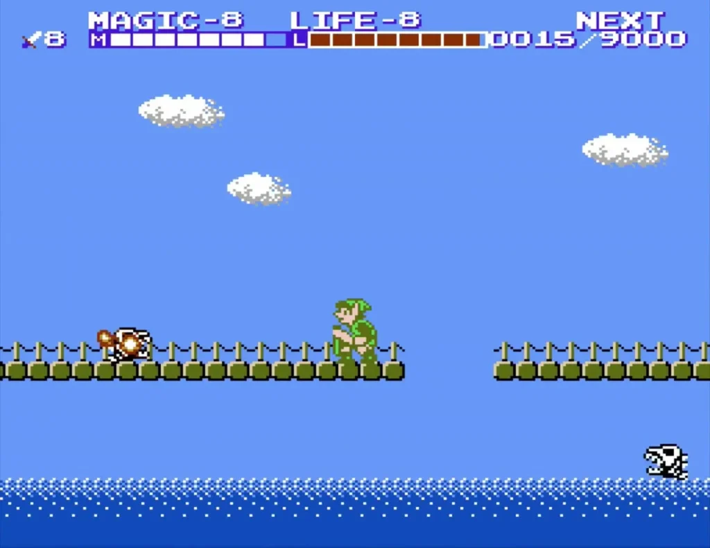 Link on the spiked sea ledge with a skull enemy nearby