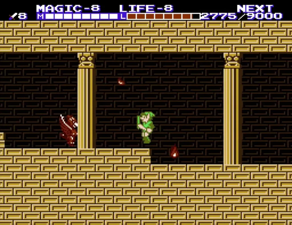 Link between gold pillars in a tan-brick room with a red-brown knight