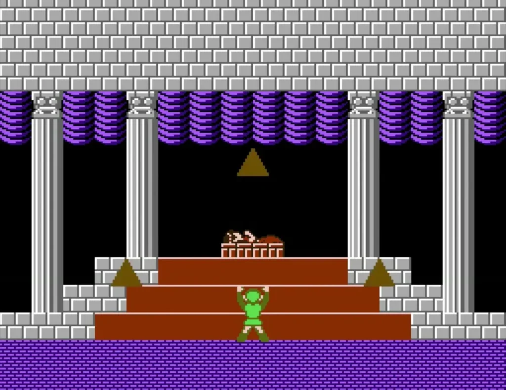 Link standing in the final chamber as the gold triangles circle the altar