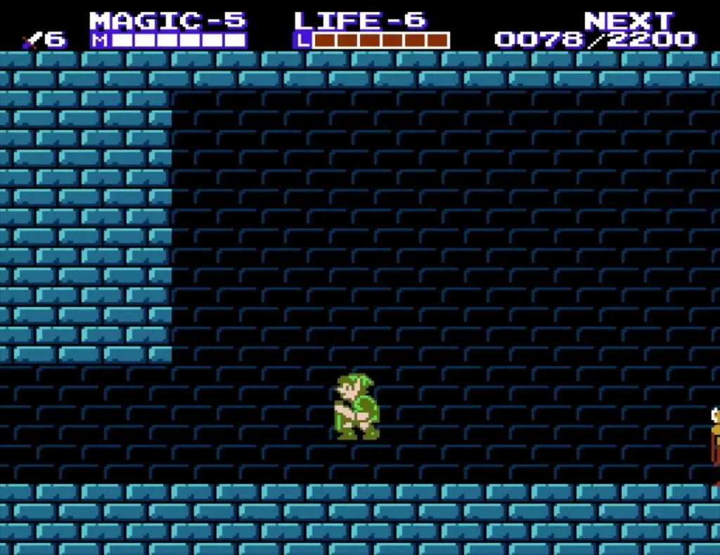 Link in the blue-brick basement after learning Fire, with Magic level 5 on the HUD