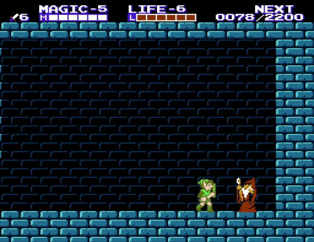 Link in a blue-brick room facing the brown-robed old man who holds a staff