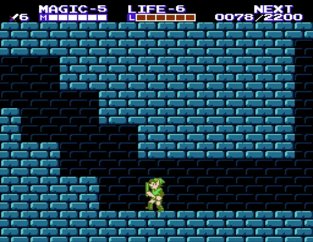 Link walking in the blue-brick basement of Nabooru with Magic level 5 on the HUD