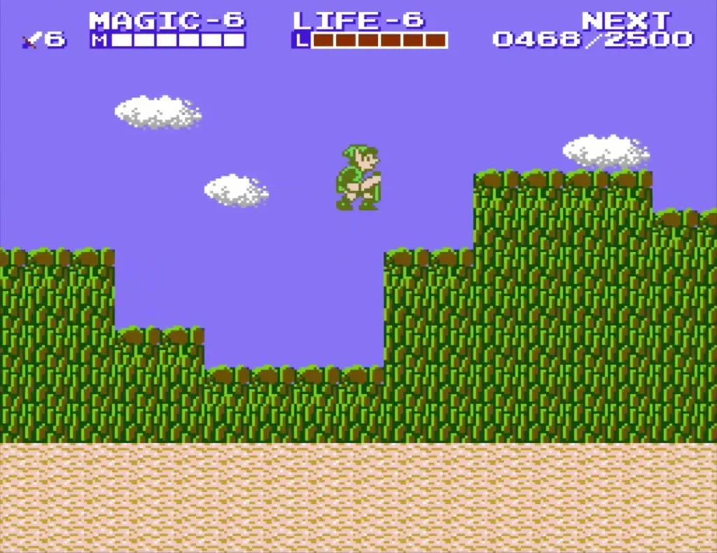 Link jumping above the grass cliffs at the edge of the desert, with Magic level 6 on the HUD