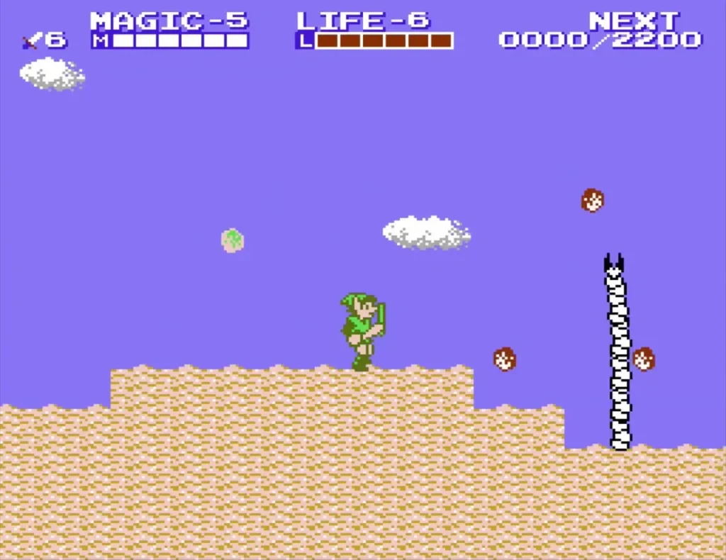 Link on the desert sand with red bubble enemies and a whirlwind to the east