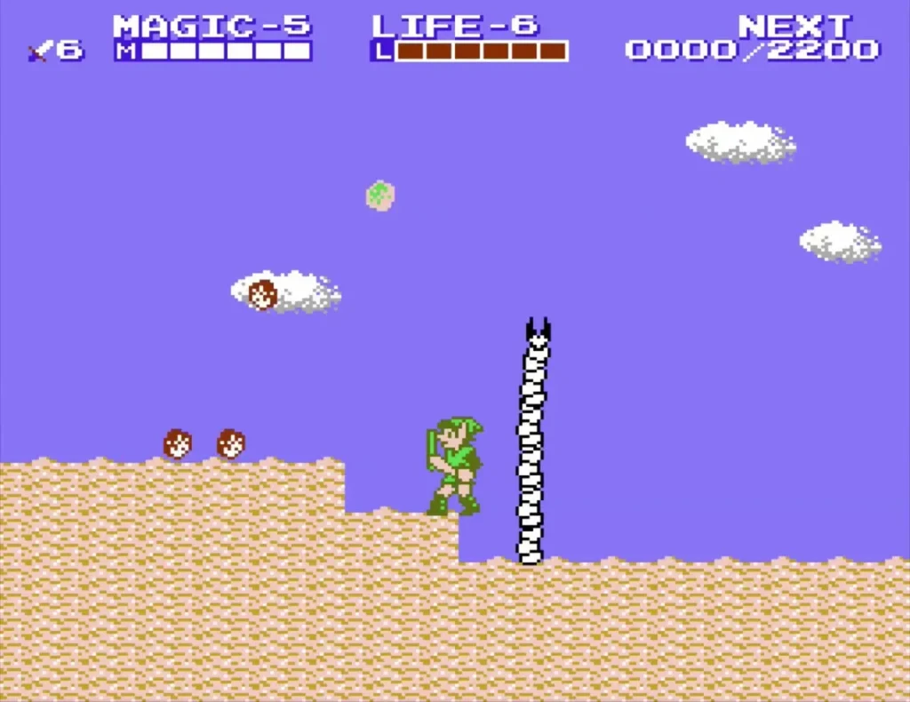 Link crossing the desert past a whirlwind, with Attack level 6 shown on the HUD