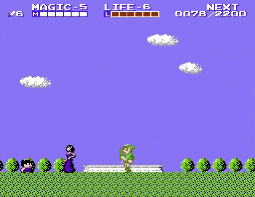 Link on the road into Nabooru by a white fountain, a purple-robed townsperson to the left