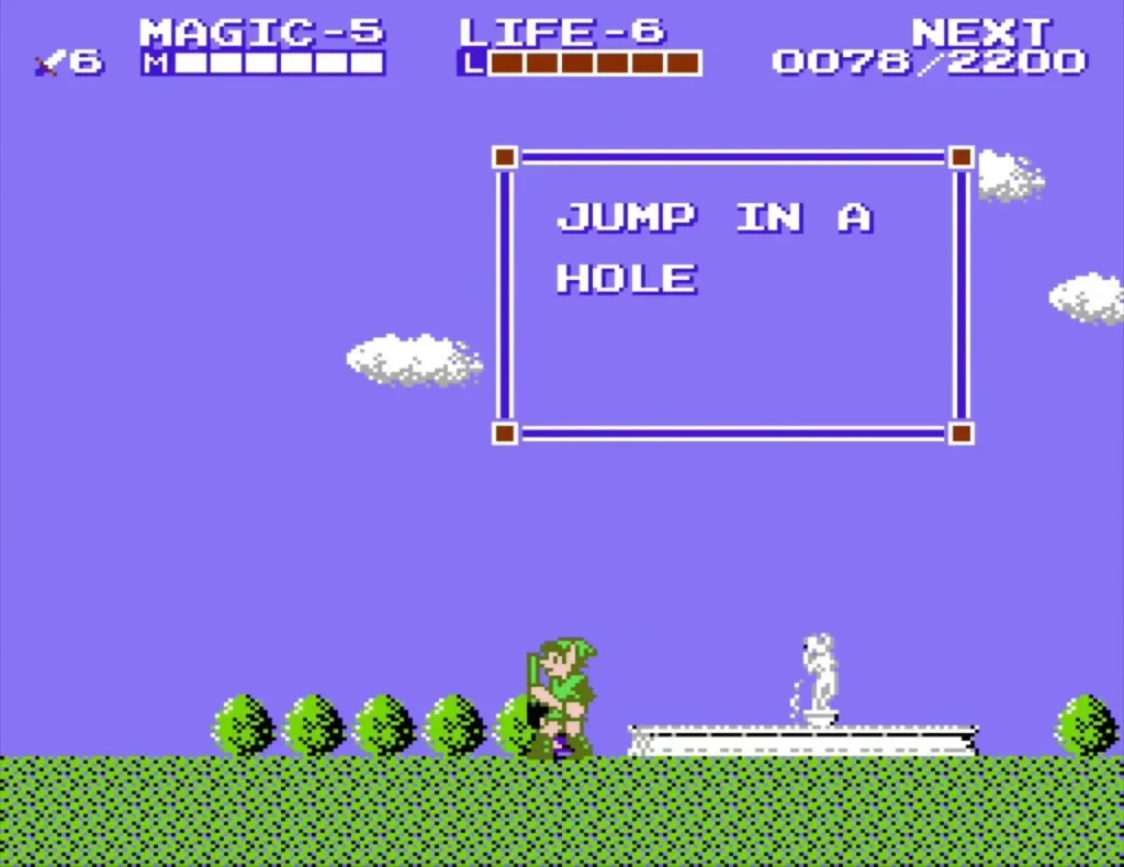 Link at the white fountain statue on the grass path, with a text box above him