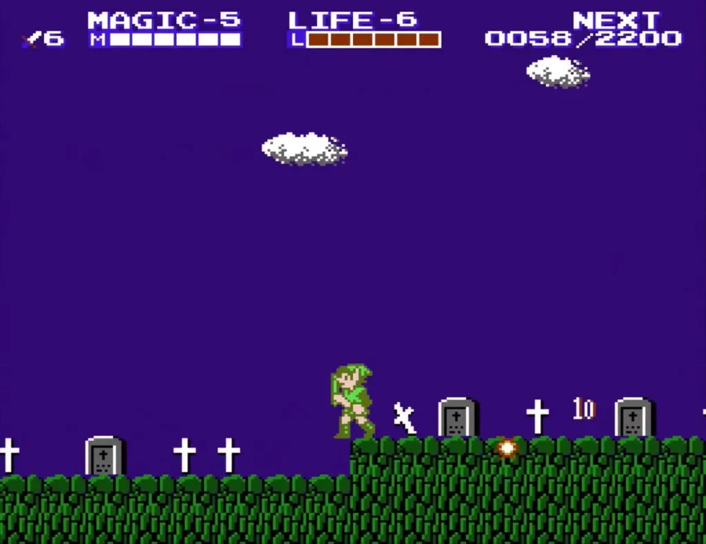 Link in a graveyard under a purple sky, with grey tombstones and white crosses